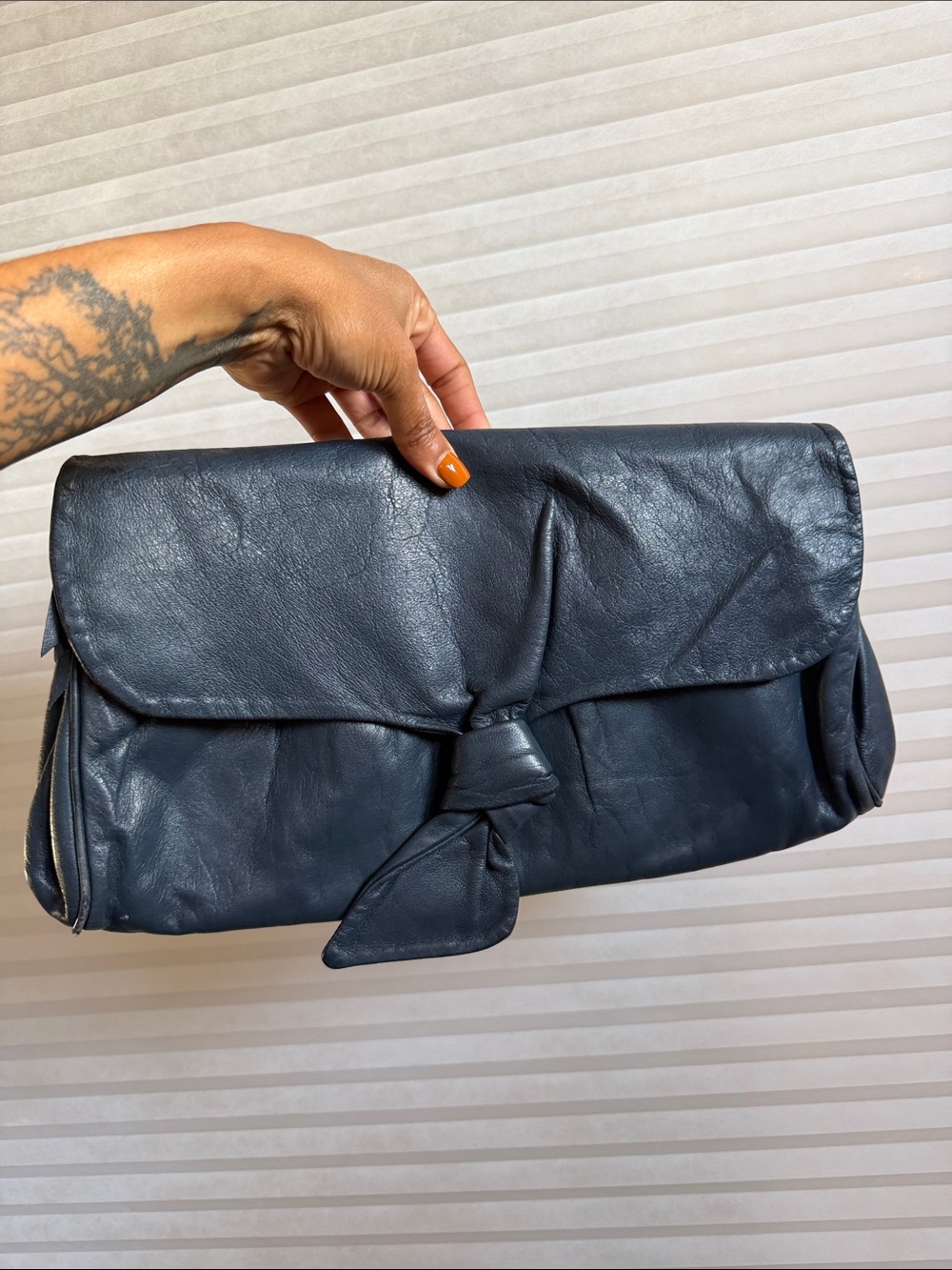 Vintage Anne Klein for Calderon Navy Soft Leather Foldover Evening Bag - Picture 8 of 16